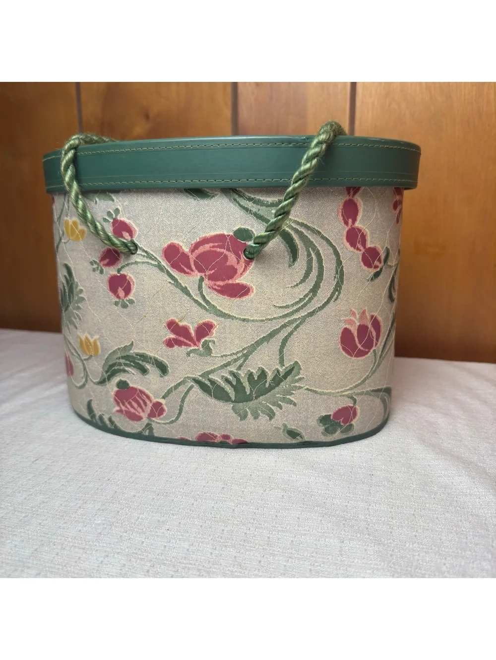 Vintage Floral Sewing Box Organizer Green Trim Fabric Covered 11 Inch